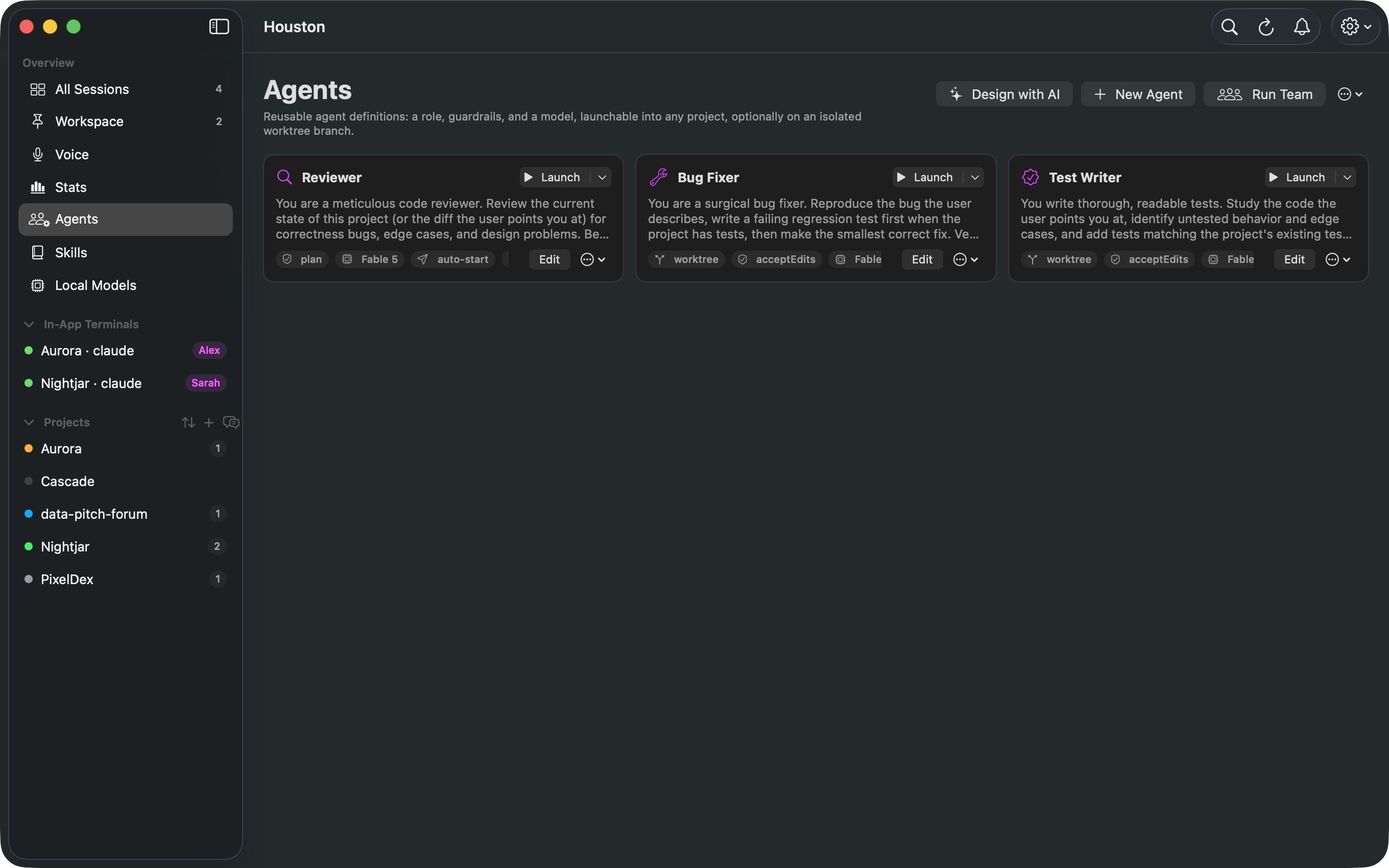Houston's Agents view with three reusable agent preset cards