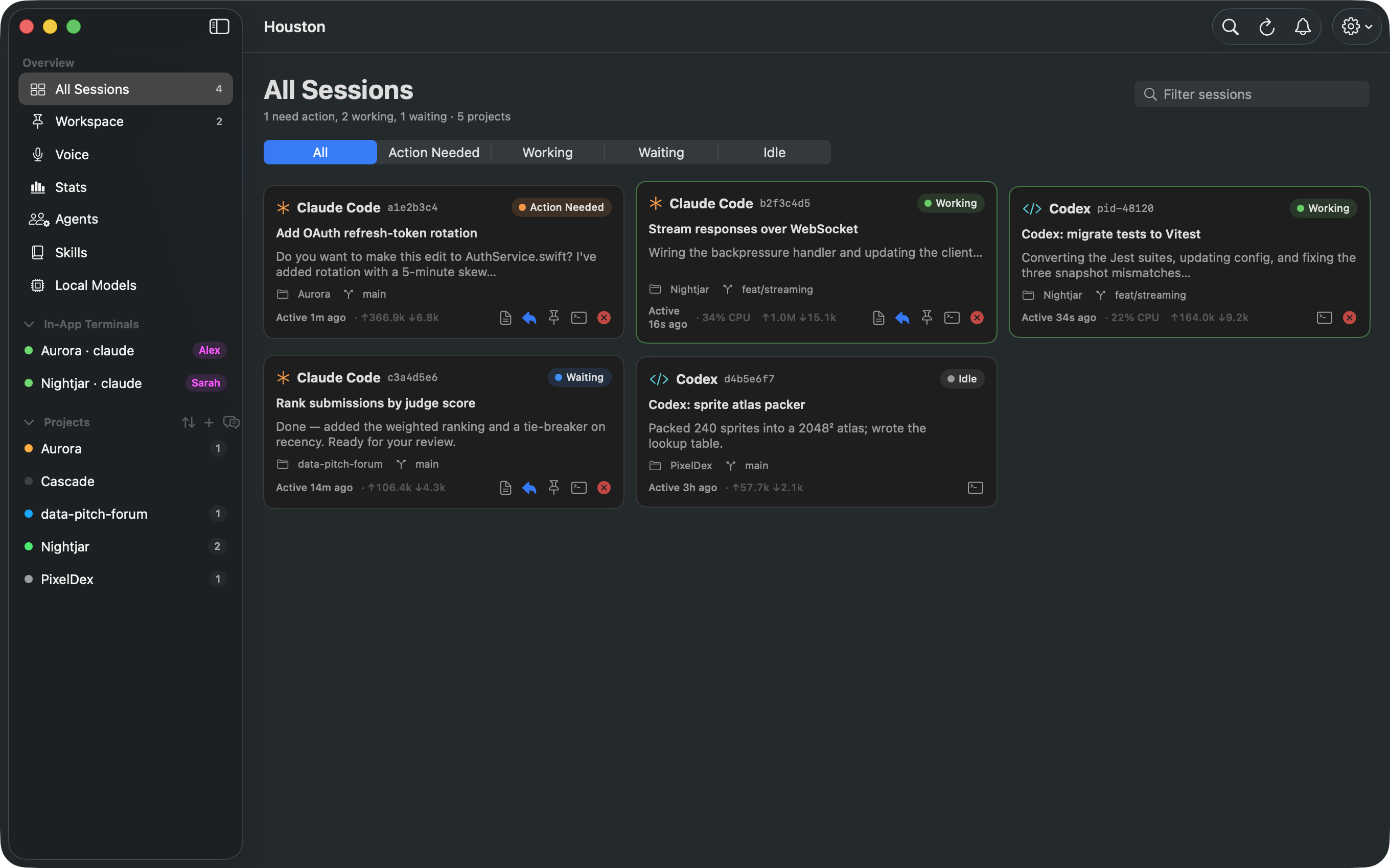 Houston's All Sessions view: agent session cards with live status, one card blocked on a permission question