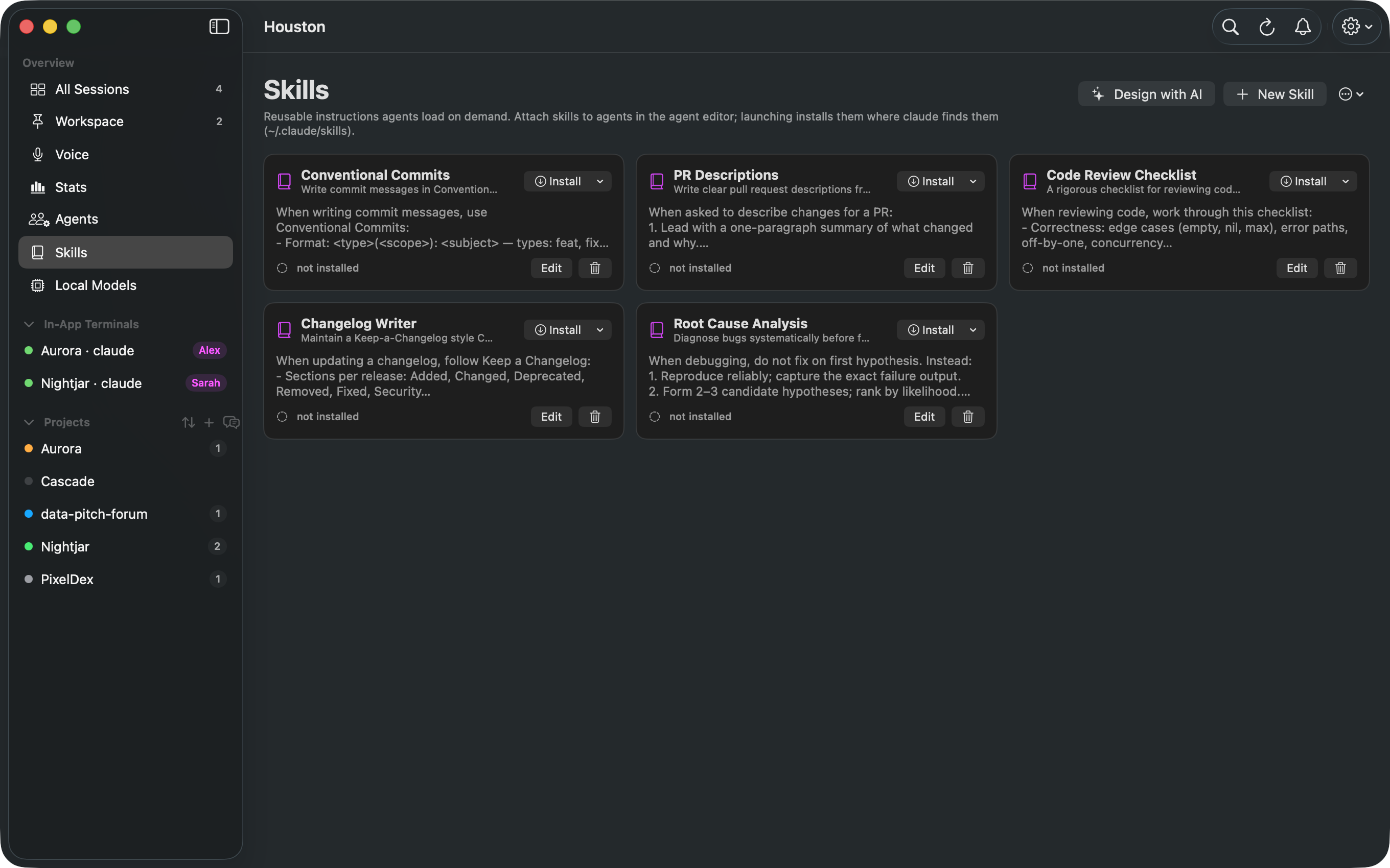 Houston's Skills view with a library of reusable instruction cards