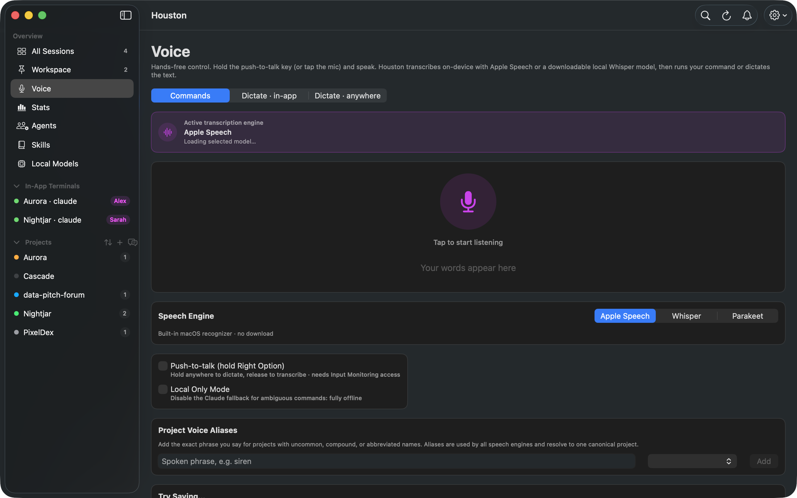 Houston's Voice view with the push-to-talk microphone and speech engine options
