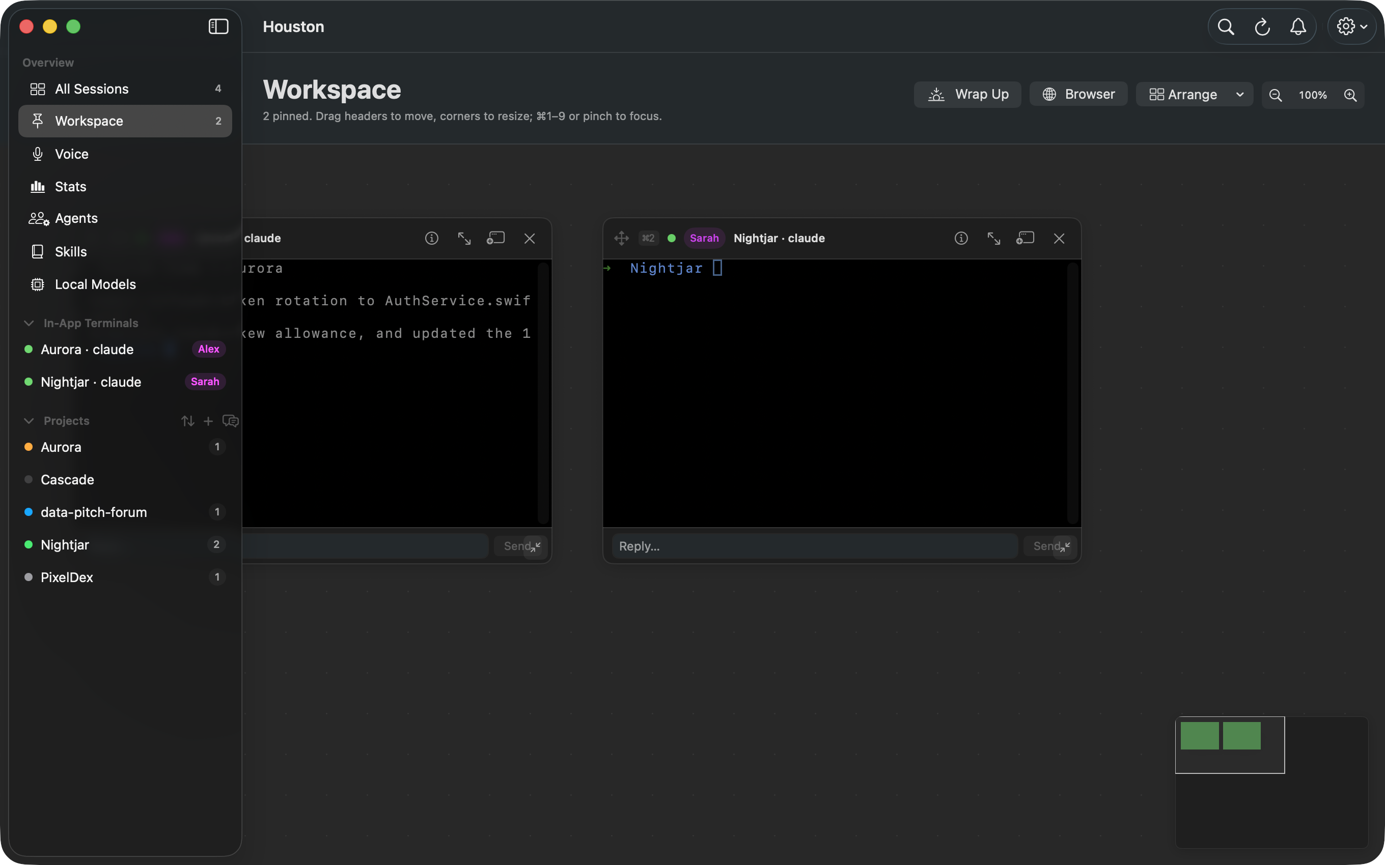Houston's Workspace view with two pinned terminal tiles and a minimap